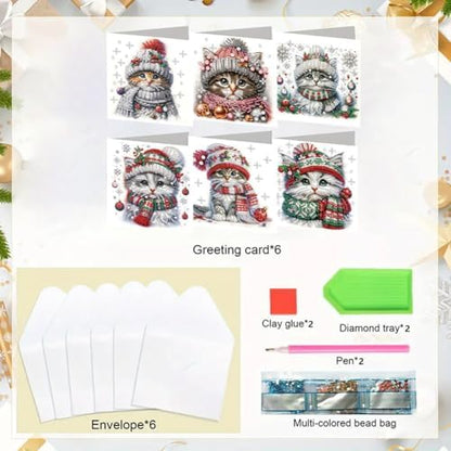 jinglinhh 6pcs Christmas Cat Snowflakes Diamond Art Painting Greeting Cards with Envelopes, DIY Card Making Kits for Adults, Diamond Art Postcards Christmas Cards Craft Gifts - Image 3
