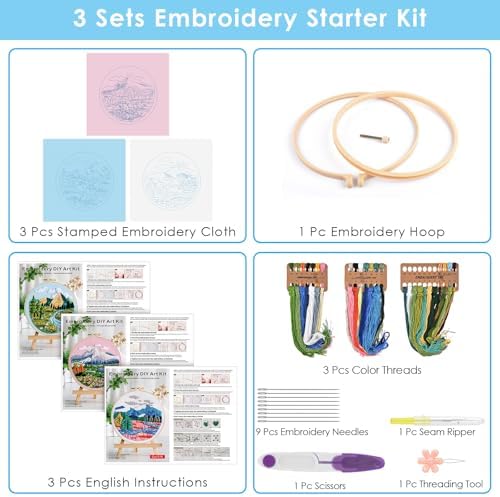ERKOON 3 Sets Embroidery Kit, Floral Cross Stitch Set for Include Embroidery Cloth Hoops Threads for Craft Lover Hand Stitch (Landscapes) - Image 3