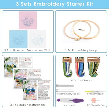 ERKOON 3 Sets Embroidery Kit, Floral Cross Stitch Set for Include Embroidery Cloth Hoops Threads for Craft Lover Hand Stitch (Landscapes) - Image 3