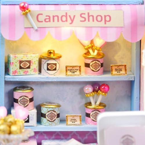 DIY Miniature Dollhouse Kits - Wooden Mini Model House with LED Lights, Tiny Furniture & Accessories – Craft Building Kits for Teens & Adults (Yummy Candy Shop) – Birthday Valentine's Gift - Image 5