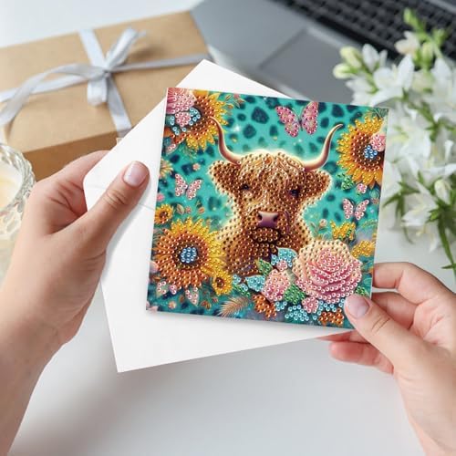 Tontut 6pcs Diamond Art Painting Kit Greeting Card, Sunflower Yellow Cow 5D DIY Diamond Handmade Holiday Greeting Card with Envelope, Holiday Gift Congratulation - Image 5