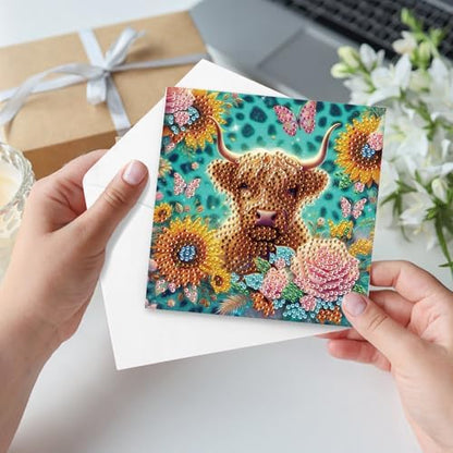 Tontut 6pcs Diamond Art Painting Kit Greeting Card, Sunflower Yellow Cow 5D DIY Diamond Handmade Holiday Greeting Card with Envelope, Holiday Gift Congratulation - Image 5