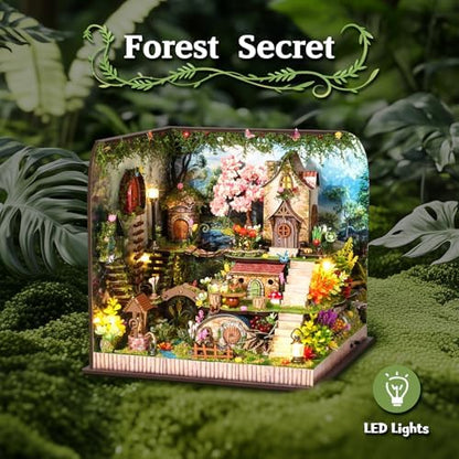Book Nook DIY Miniature House Kit, 3D Wooden Puzzle Coffee House Dollhouse with Light & Tools, Creative Bookshelf Insert Craft Gifts for Adults Teens (Forest Garden) - Image 2