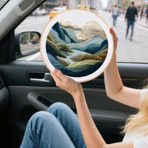 FONNUY Embroidery Kit for Beginners, Nature Hills Landscape Pre-Stamped Pattern Kits for Adults with Hoop, Easy to Follow Color Thread Needlework, 8'' Hoop (Green Hills) - Image 4