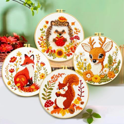 Zhenqing Autumn Animals Cross Stitch Kit - 4-Piece Set with Pre-Printed 11CT 24x24cm Fabric, Hoop & Tools, Fall Theme Animal Designs for Beginners (70412) - Image 2
