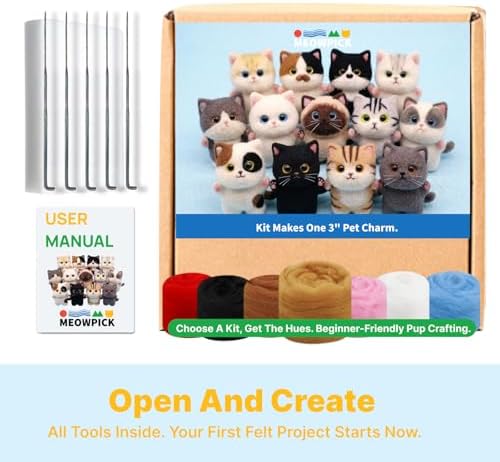 MeowPick Needle Felting Kit, Wool Felting Kit for Beginners Adults, 3 Inch Cute Cat Needle Felting Tools Set, Complete Felting Supplies, DIY Craft for Keychain Car Ornament Gift (Cream) - Image 5