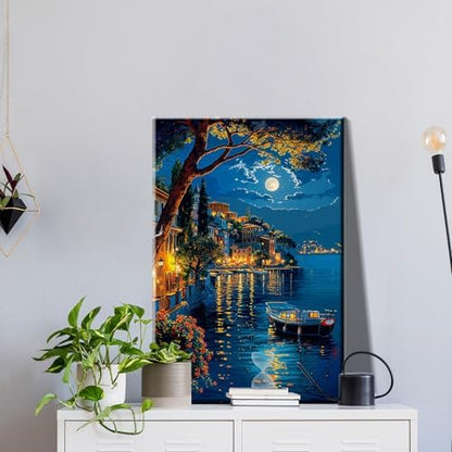 JOOZ Paint by Numbers Kit for Adults with Frame, Moon Paint by Number with Easel, DIY Town Lake Boat Paint by Numbers Landscape for Home Wall Decor 8 x 12 Inch - Image 3