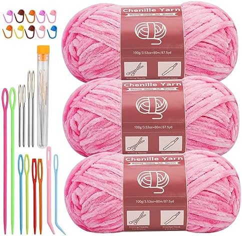 LUNARM Chenille Yarn 3 Pack 3.5oz Chunky Blanket Velvet Yarn 263 Yard by Lunarm
