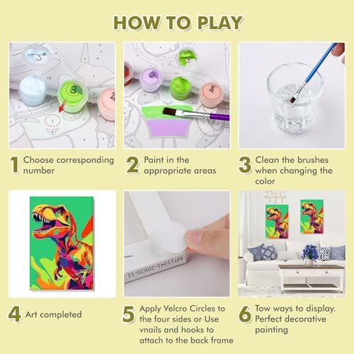 Bowetile Framed Cartoon Paint by Numbers for Kids Beginners, Dinosaur Paint by Numbers for Kids Ages 8-12, Kids Paint by Number Kits on Canvas, DIY Acrylic Number Painting for Home Decor, 8x12in - Image 7