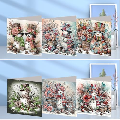 jinglinhh 6pcs Diamond Art Painting Christmas Snowman Flower Bucket Greeting Cards with Envelopes, DIY Card Making Kits for Adults, Diamond Art Postcards Christmas Cards Craft Gifts - Image 4