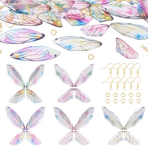 FASHEWELRY 20Pcs Resin Butterfly Wing Charms for Earring, Transparent Angel Wing Pendants Colorful Dragonfly Wings Charms with Gold Foil for Jewelry Making - Earring Hooks & Jump Rings by FASHEWELRY