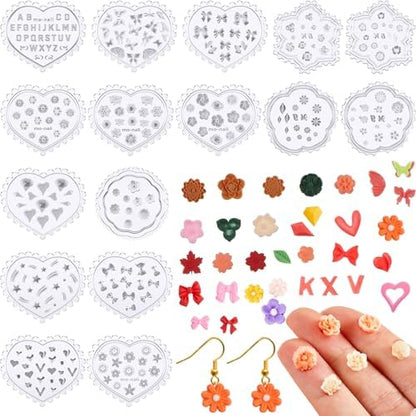 Zeyune 16 Pcs Summer Small Flower Polymer Clay Molds, Mini 3D Silicone Resin Casting Molds for Earring Making Jewelry DIY, Includes Alphabet, Flower, Heart and Bow Shapes(Daisy & Leaf) by Zeyune