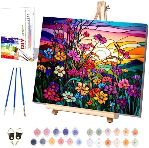 Flower Paint by Numbers for Adults with Framed Canvas - with Wooden Easel by xackcme