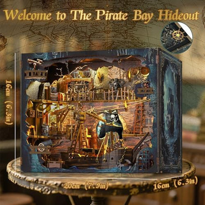 Book Nook Kit – 3D Wooden Puzzle with Interactive LED Lights, DIY Miniature Decor for Adults & Teens, Enchanting Storytelling Bookshelf Insert（Pirate Bay） - Image 2