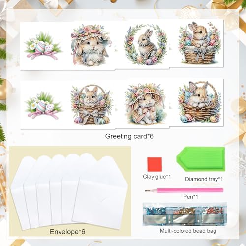 Tontut 6pcs Diamond Art Painting Kit Greeting Card, Basket Bunny 5D DIY Diamond Handmade Holiday Glitter Greeting Card with Envelope, Easter Day Holiday Gift Congratulation - Image 3