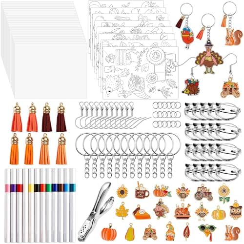 231Pcs Fall Thanksgiving Heat Shrink Plastic Sheet Kit Includes Shrinking Film Art Paper, Hole Punch, Keychains, Jump Rings, Tassels, DIY Heat Shrink Art Kit for Adults Creative Craft Marking by Afniimyapt