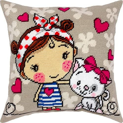 Brvsk Tender Needlepoint Kit for Adults and Beginners — A Girl and a Kitten 16″ × 16″ with Clear, Precise Printed Design on Cotton Canvas; Includes 2 Needles, Yarn, and Easy-Read Chart by Brvsk