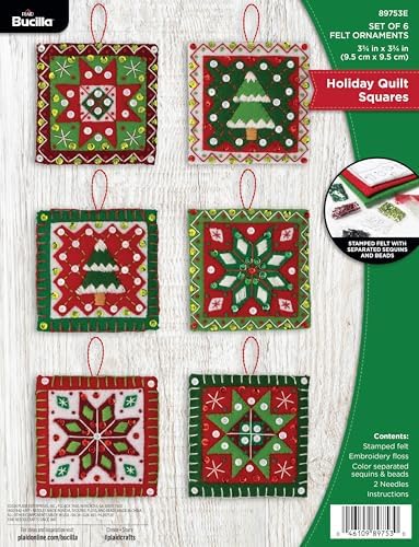 Bucilla Felt Applique 4 Piece Ornament Making Kit, Holiday Quilt Squares, Perfect for DIY Arts and Crafts, 89753E by Bucilla