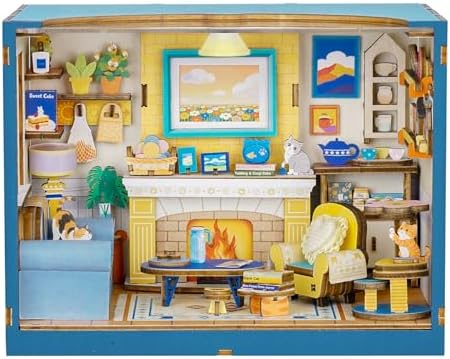 DIY Miniature House Kits-Living Room, 3D Wooden Puzzles with LED Light Tiny House Mini House Building Kit for Adults, Wooden Adults Crafts Home Decor Gifts for Parents Friends by RnfinewowWoodenPuzzles