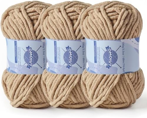 3 Pack Chunky Chenille Yarn for Crocheting, Baby Yarn for Crocheting Soft Blankets, Bulky Yarns for Crochet Amigurumi, 300g (223yds) Fluffy Velvet Yarns for Hand Knitting (3 Khaki) by OMoiut