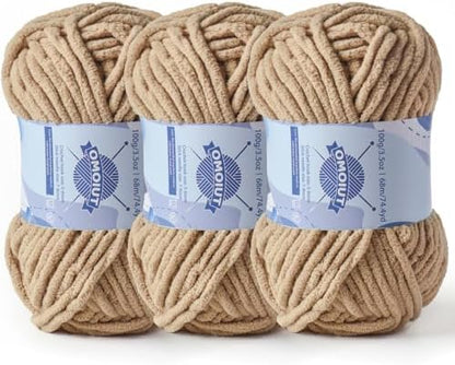 3 Pack Chunky Chenille Yarn for Crocheting, Baby Yarn for Crocheting Soft Blankets, Bulky Yarns for Crochet Amigurumi, 300g (223yds) Fluffy Velvet Yarns for Hand Knitting (3 Khaki) by OMoiut