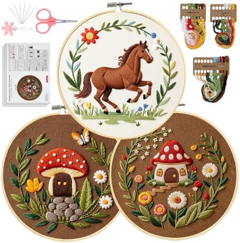 Santune 3 Pack Embroidery Kit Cross Stitch Needlepoint Kits for Beginners Adult Needle Point Sets with Mushroom & Horse Embroidery Patterns, Includes Step-By-Step Instructions & Accessories by Santune
