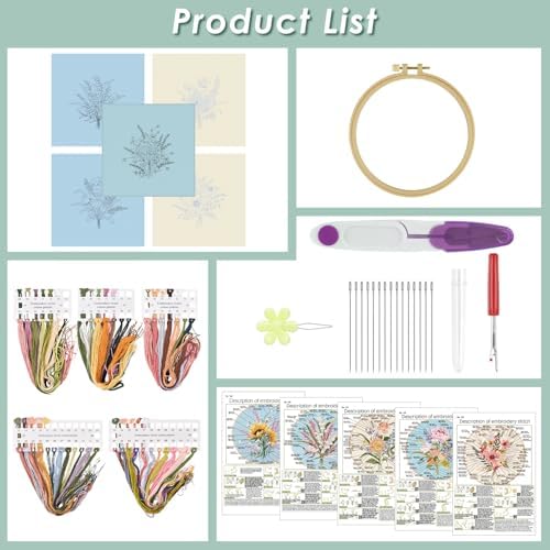 ERKOON Embroidery Kit for Beginners, 5 Sets Flower Cross Stitch Set for Adults Include Embroidery Cloth Hoops Threads for Craft Lover Hand Stitch with Skill Techniques (Bouquet) - Image 2