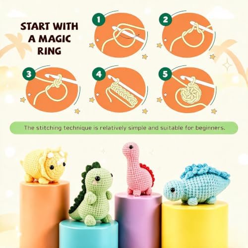 Crochetta Crochet Kit for Beginners, 4 PC Dinosaur Family (40%+ Yarn) - Image 3