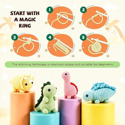 Crochetta Crochet Kit for Beginners, 4 PC Dinosaur Family (40%+ Yarn) - Image 3