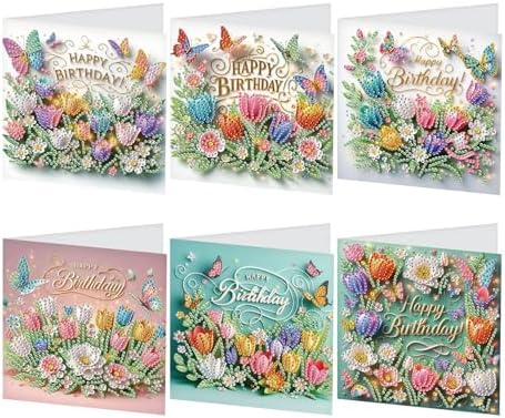 JISHSHAY 6 PCS Diamond Painting Happy Birthday Cards Flower Diamond Art Greeting Cards with Envelopes Tulip Gem Art Gem Painting Embroidery Kit Mosaic Kits for Adults with Special Shape Drills by Unknown