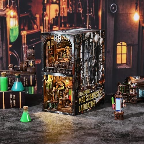 fifijoy Book Nook Kit - DIY Miniature Dollhouse Booknook for Adults, Steampunk 3D Wooden Puzzle Bookshelf Insert Decor with LED Light, Gifts for Family, Friends (Mad Scientist Laboratory) - Image 2
