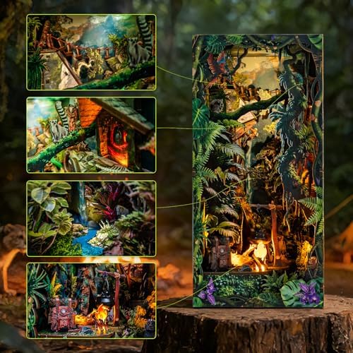 fifijoy Jungle Adventure DIY Book Nook Kit - 3D Wooden Puzzle Dollhouse Miniature House with LED Lights and Sound Effects, Jungle Explorer Bookshelf Insert Decor, Creative Gift for Adults and Teens - Image 2