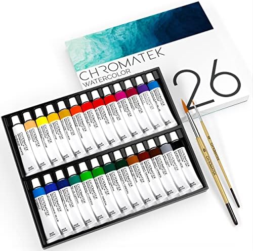 CHROMATEK Watercolor Paint Set - 28 Piece Kit for Adults, Beginners & Professional Artists - 26 x 12ml Liquid Water Color Tubes & 2 Painting Brushes - Richly Pigmented Vibrant Colors - Art Supplies by Chromatek