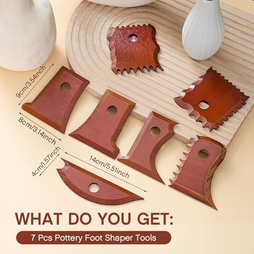 Amylove 7 Pcs Pottery Tools Pottery Foot Shaper Trimming Tools Profile Rib Bundle Foot Shaper for Ceramics for Carving Clay Molds Clay Texture Ribs Ceramics, Beech Wood (Stylish Style,Reddish Brown) - Image 2