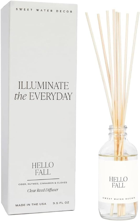 Sweet Water Decor Hello Fall Reed Diffuser Set - Hot Cider, Cinnamon, Cloves, Apple, and Nutmeg Fall Scented Diffuser - Scent Diffusers for Home, Fall Home Long Lasting Fragrance, Made in The USA