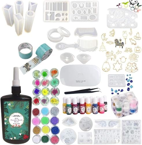250g UV Epoxy Resin Kit with 22 Silicone Molds 17 Open Back Bezels 2 Tapes 12 Confetti & Glitters, with Mini UV Lamp, for Jewelry Making Pendants Charms Rings Earrings Necklaces Bracelets Diamonds by Unknown