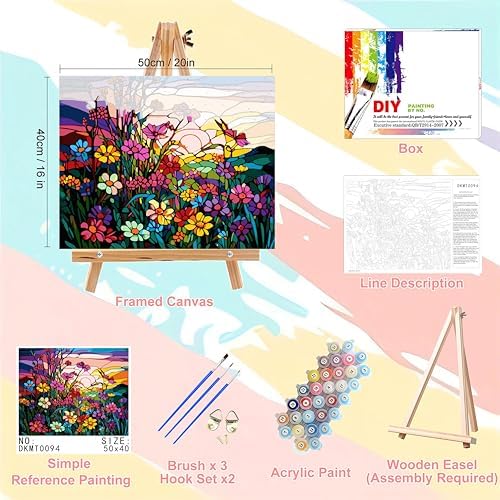 Flower Paint by Numbers for Adults with Framed Canvas - with Wooden Easel - Image 2