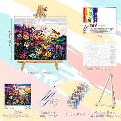 Flower Paint by Numbers for Adults with Framed Canvas - with Wooden Easel - Image 2