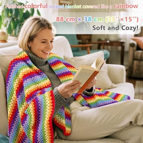 Reessy Crochet Blanket Kit for Beginners, Easy Crochet Kit for Beginners Adults & Kids with Step-by-Step Video Instructions, 43pcs Colorful Rainbow Stripe Learn to Knit Kits for Beginner - Image 6