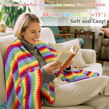 Reessy Crochet Blanket Kit for Beginners, Easy Crochet Kit for Beginners Adults & Kids with Step-by-Step Video Instructions, 43pcs Colorful Rainbow Stripe Learn to Knit Kits for Beginner - Image 6