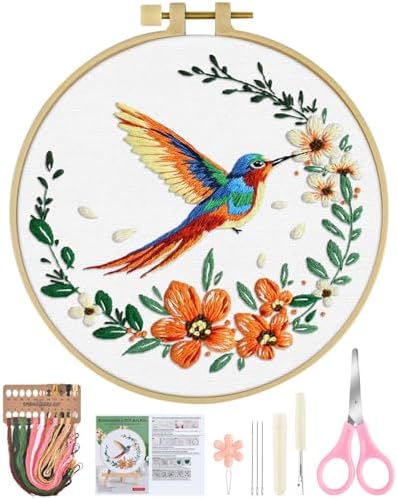 ERKOON Embroidery Kit for Beginners, Hummingbird and Flower Cross Stitch Set for Include Embroidery Cloth Hoops Threads for Craft Lover Hand Stitch (Colorful Hummingbird) by ERKOON