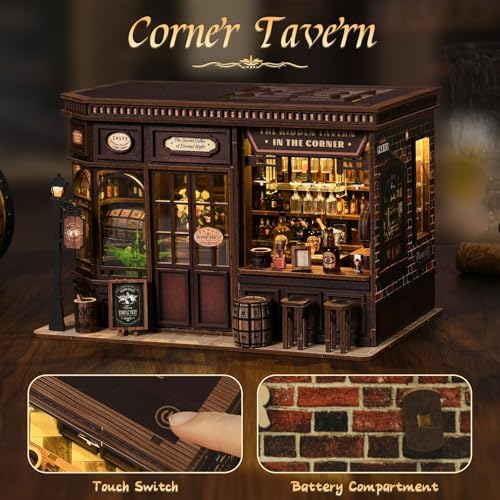 Corner Tavern Book Nook Kit, 3D Wooden Puzzle DIY Miniature House with Warm LED Light, Aesthetic Bookshelf Insert Decor for Adults & Teens - Image 3