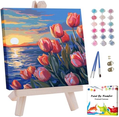 Artunion Framed Paint by Numbers Kit for Adults Beginners & Kids Ages 8-12,Sunset Tulip Flower Paint by Number with Frame,Floral Paint by Numbers Kit on Canvas 10 * 10 Inch Without Easel by ArtunionDriect