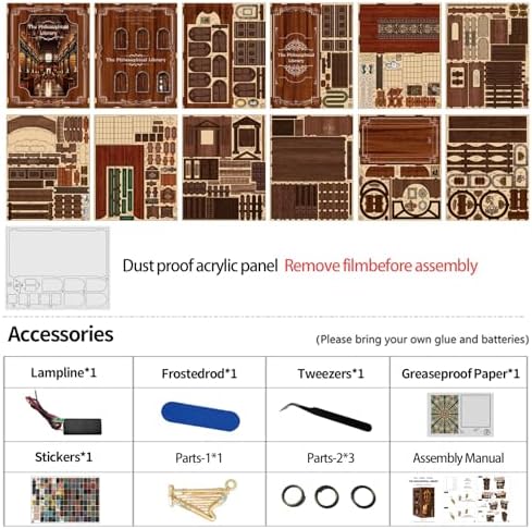 Philosophical Library Book Nook DIY Kit - 3D Wooden Bookshelf Insert with LED Lights, Vintage Study Room Decor for Adult - Image 6