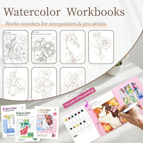 NaTuGi 3Pac Watercolor Workbook for Adults,Watercolor Coloring Book,Portable Watercolor Painting Books,Creative Stress Relief Kit,Suitable for Beginners Birthday Gift (Flower and Girl Series 3pc) - Image 2