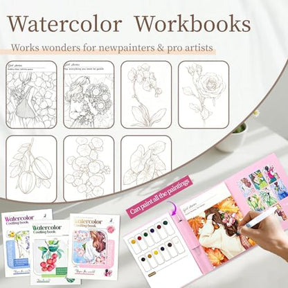 NaTuGi 3Pac Watercolor Workbook for Adults,Watercolor Coloring Book,Portable Watercolor Painting Books,Creative Stress Relief Kit,Suitable for Beginners Birthday Gift (Flower and Girl Series 3pc) - Image 2