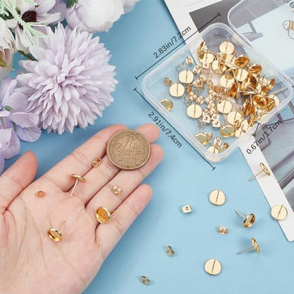 Beebeecraft 1 Box 50Pcs Post Stud Earring Findings 18K Gold Plated Round Prong Blank Earring Cabochon Settings with 8mm Tray and 50Pcs Ear Nuts for DIY Earrings Jewelry Making - Image 2