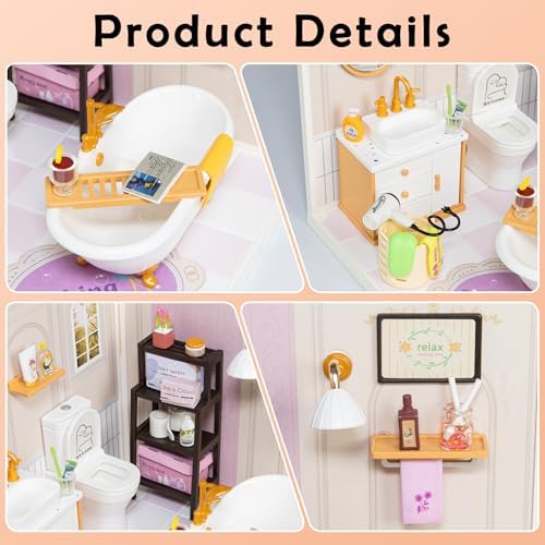Cozy Bathroom DIY Miniature House Kit for Adults, 3D Dollhouse with LED Light & Dustproof Door, Stackable Connectable Display Case, Creative Gift for Self-Care Lovers Teens Women - Image 3