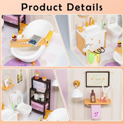 Cozy Bathroom DIY Miniature House Kit for Adults, 3D Dollhouse with LED Light & Dustproof Door, Stackable Connectable Display Case, Creative Gift for Self-Care Lovers Teens Women - Image 3
