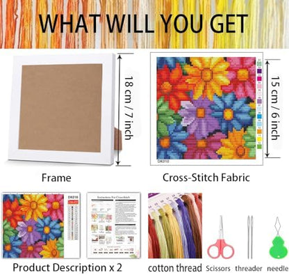 Colorful Daisies Stamped Cross Stitch Kits for Adults Beginners with Frame - Image 3